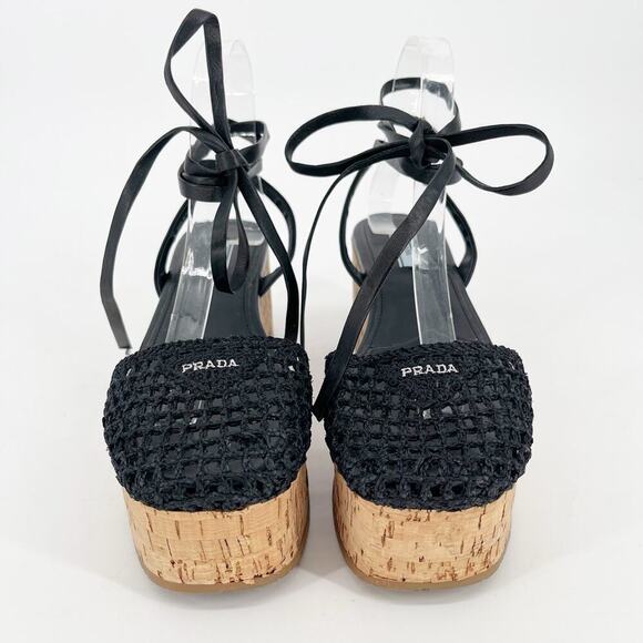 Prada Black Raffia Crochet Logo Wedge Leather Lace Up Ankle Tie Sandal IT 41 - Picture 6 of 13